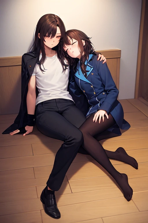 ((best quality)), ((masterpiece)), (detailed), a couple, a boy and a girl, 1 boy, full body, 19 years old, brown hair with white tips, somewhat long hair, bangs, green eyes, sleeping, tall and thin, thin, long beige trench coat, open trench coat, black fingerless gloves, white wristbands, white t-shirt with blue I-shaped emblem, letter I, black pants, 1 girl, full body, 19 years old, young adult, somewhat short, purple eyes, brown hair, somewhat wavy hair, long hair, lock of hair on forehead, asleep, blushing, scientist's coat, blue shirt, black pants, sitting on the floor, sleeping on the boy's shoulder, romantic moment, bedroom background, anime