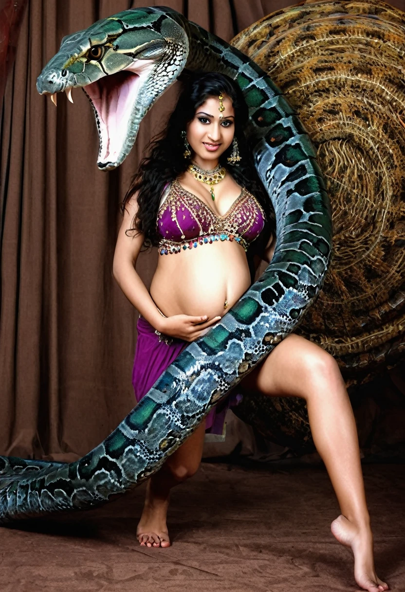 Pregnant  Happy Horny, aroused 1girl), beautiful kneeling Indian  young  belly dancer girl  with  giant colossal Kaa monster squeezing her hard, wrapped in thick spiraling coils, constricted, struggle, gasping for air, snake attack, snake peril,