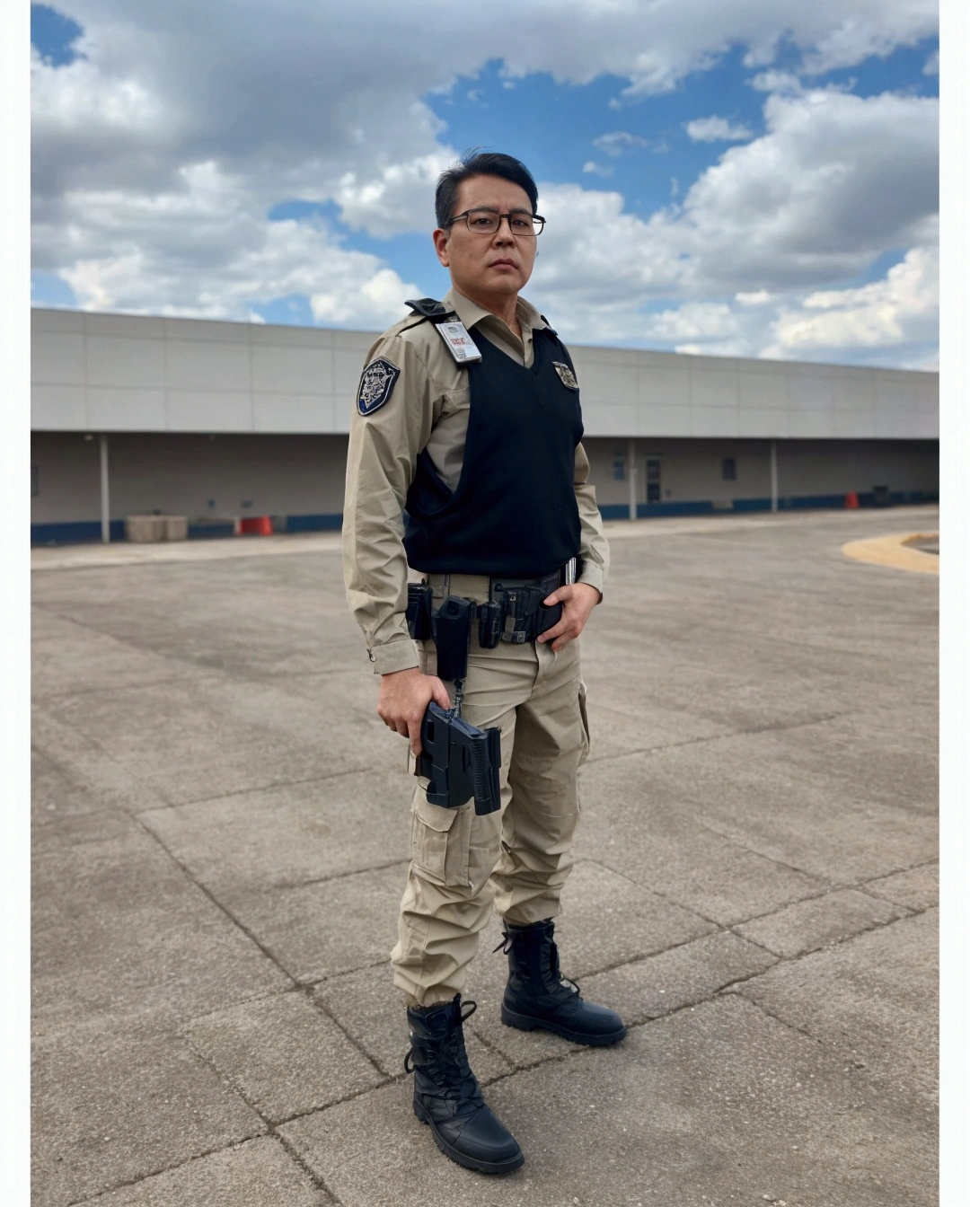security man, with glasses, holding gun on waist