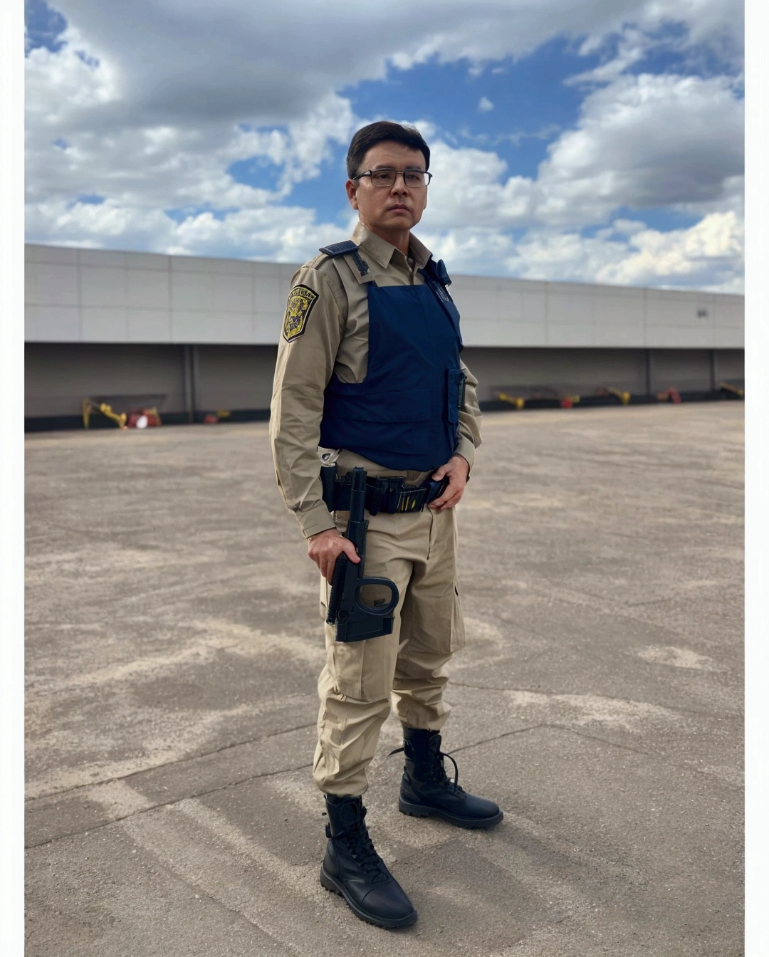 security man, with glasses, holding gun on waist