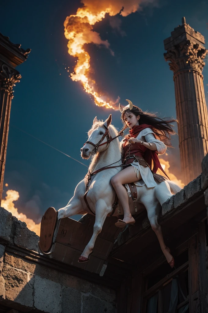 
A desolate and chaotic landscape stretches to the horizon, where the sky, dyed in reddish and orange tones, reflects the fire and destruction that ravages the earth. Lightning tears through the sky, briefly illuminating the ruins of once majestic cities, now reduced to smoking rubble.

En el centro de la imagen, a white lamb, spotless, with seven horns and seven eyes, stands on a hill. Their eyes, representing divine omniscience, observe the scene with deep sadness, but also with an unshakable determination. In your paw, he holds a book sealed with seven seals, which contains the secrets of the future and the destiny of humanity.

Around the lamb, four apocalyptic horsemen emerge from the shadows. The first, Riding on a white horse, wields a bow and represents conquest and war. the second, riding a red horse, brandishing a sword, symbolizes violence and bloodshed. the third, mounted on a black horse, carries a scale, representing hunger and scarcity. The fourth, mounted on a pale horse, brings with it death and pestilence.

in the sky, a red dragon, with seven heads and ten horns, roars in fury, trying to stop the lamb from opening the seals of the book. Their eyes, full of hate and evil, reflect the cosmic battle between good and evil unfolding on earth.

Ao fundo, a crowd of people, dressed in white clothes, raise your hands towards the sky, crying out for salvation and protection. Their faces express fear, Hope and faith, while awaiting the final outcome of the history of humanity.