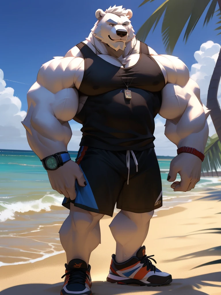 huge muscular polar bear in L.A. beach, big smirk, polar bear, huge white fur, thick arm, huge arm, bearded. white hair and beard, bearded, (muscular, pectoral, wide pectoral, thick arms), beach, palm, realistic, 8k, masterpiece, (wearing black shorts, wristband, watch and a white tank top, sports shoes)