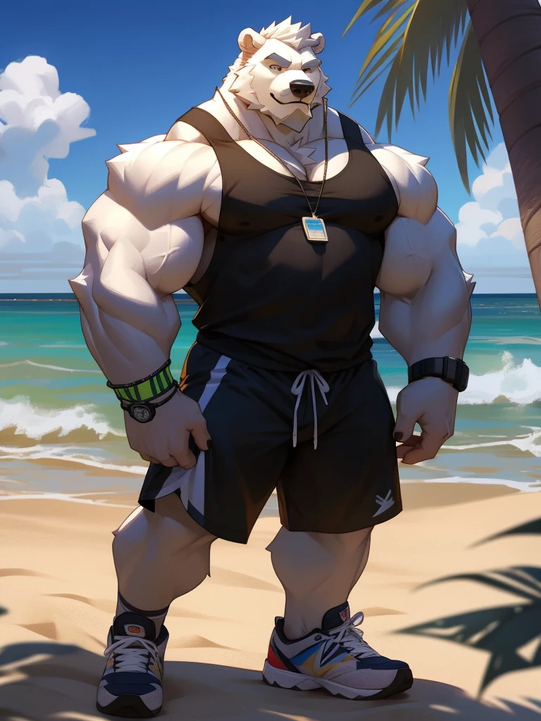 huge muscular polar bear in L.A. beach, big smirk, polar bear, huge white fur, thick arm, huge arm, bearded. white hair and beard, bearded, (muscular, pectoral, wide pectoral, thick arms), beach, palm, realistic, 8k, masterpiece, (wearing black shorts, wristband, watch and a white tank top, sports shoes)