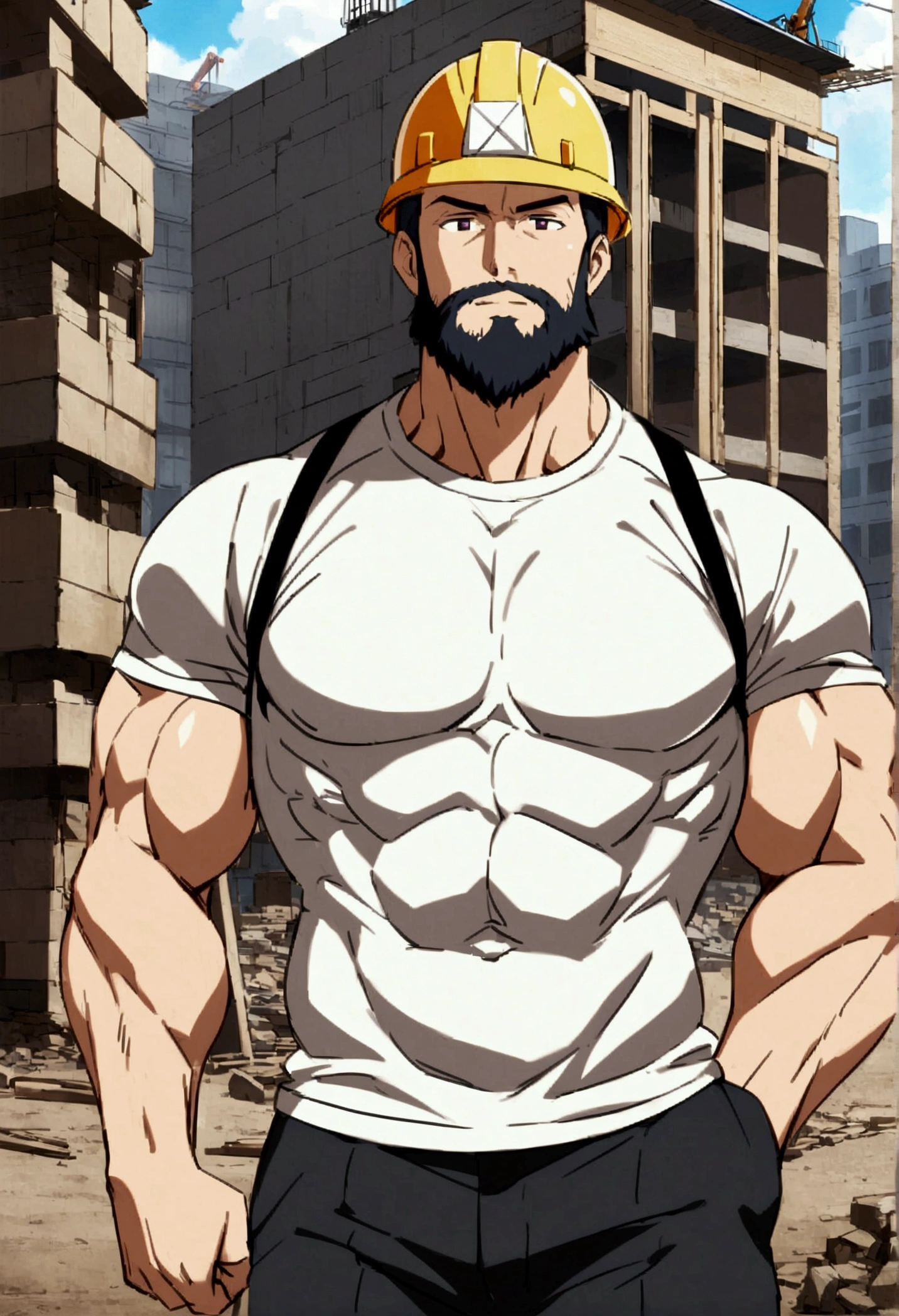 Muscular Physique、male、40s、Bearded、anime colored、Construction site、Work clothes、Helmet、