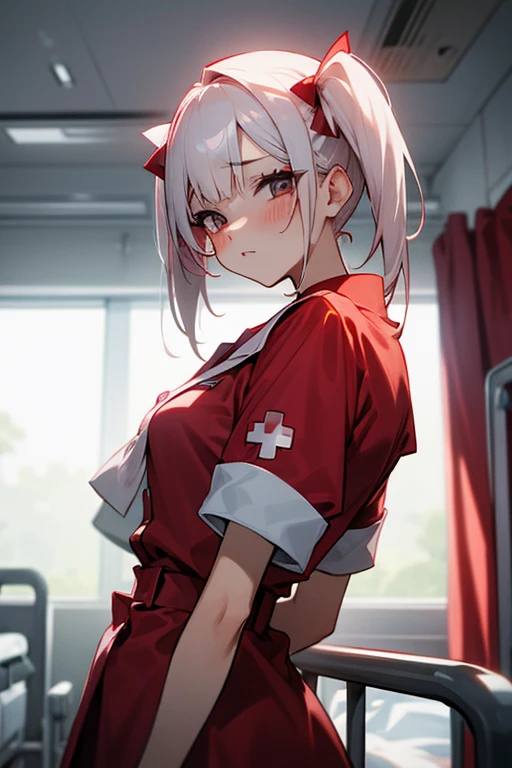 Short white hair, blush, nurse、Punk Fashion、Headbang 2.、Red clothes、Twin tails、sharp、(Inside the hospital)