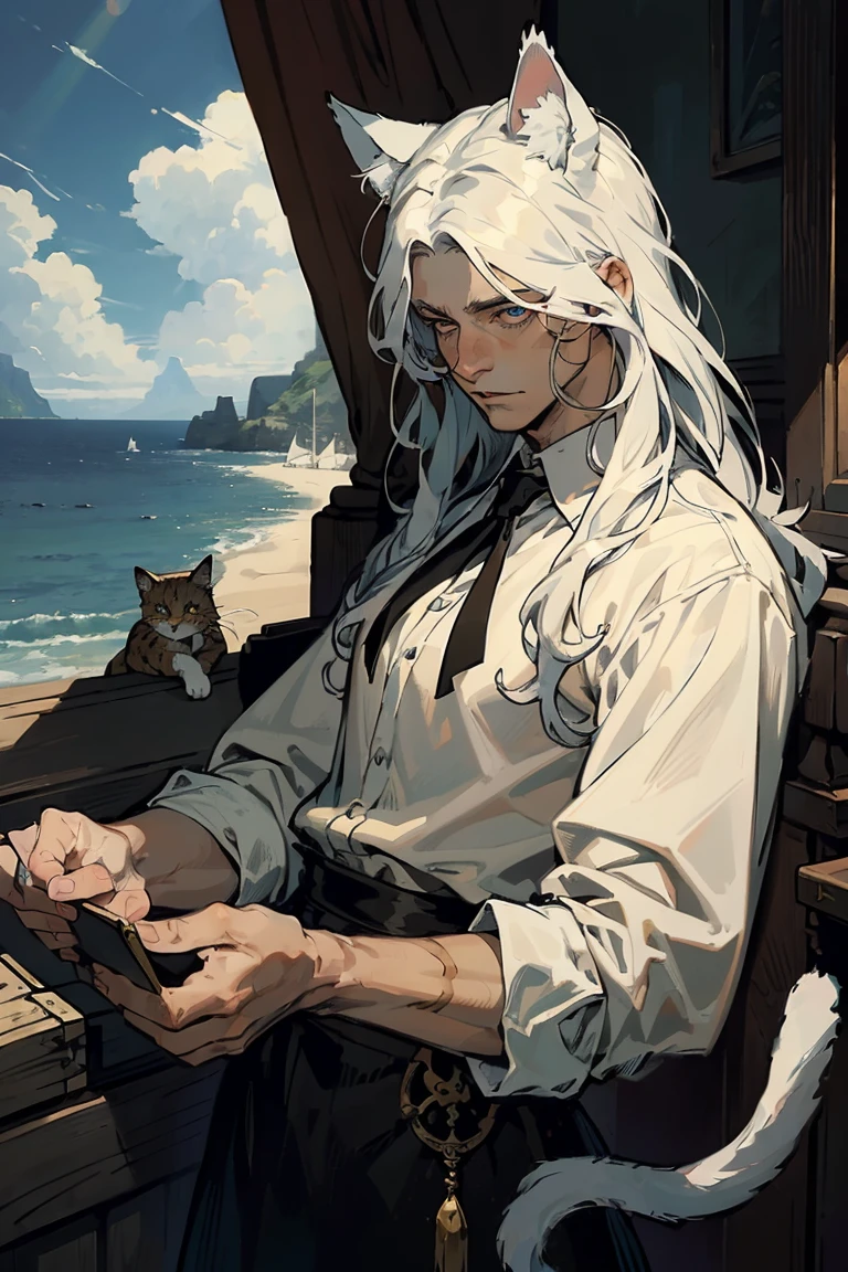 1 boy, ((young man)), upper body, (red fluffy long hair), ((Big cat ears)), green eyes, long eyelashes, beautiful detailed eyes, plain white shirt, pirate setting, maritime atmosphere, (cat tail), neat beautiful hands, soft light, Good Skin, a lot of details, detailed background, sea landscape, extremely detailed face, 8 K, masterpiece