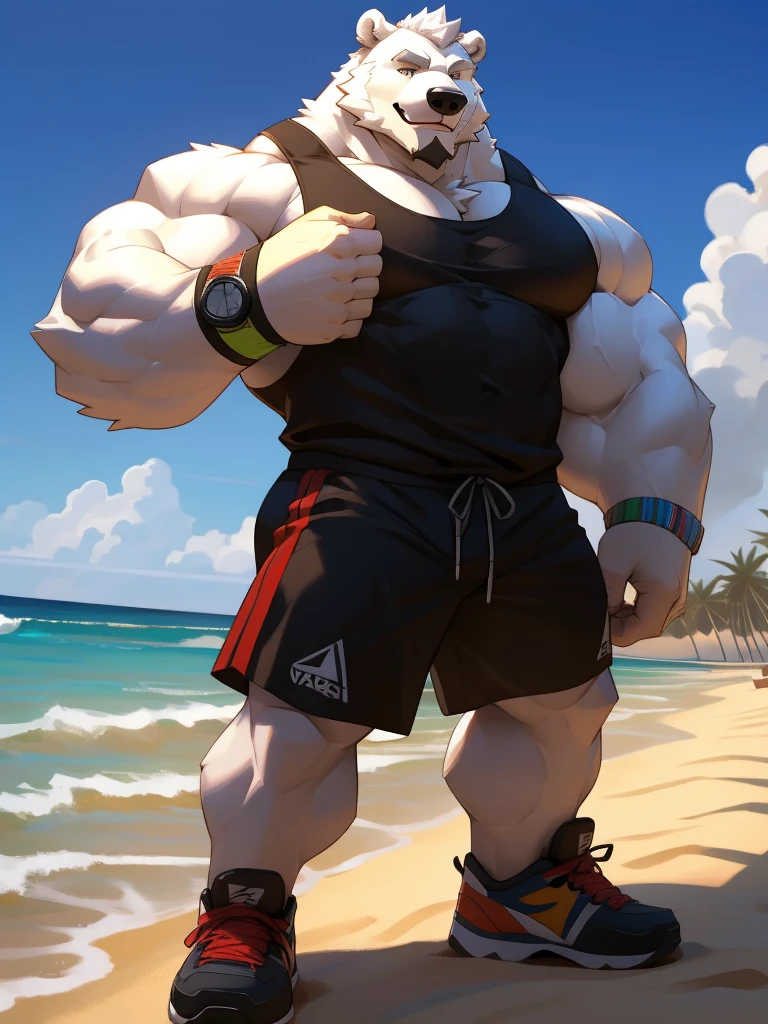 huge muscular polar bear in L.A. beach, big smirk, polar bear, huge white fur, thick arm, huge arm, bearded. white hair and beard, bearded, (muscular, pectoral, wide pectoral, thick arms), beach, palm, realistic, 8k, masterpiece, (wearing black shorts, wristband, watch and a white tank top, sports shoes)