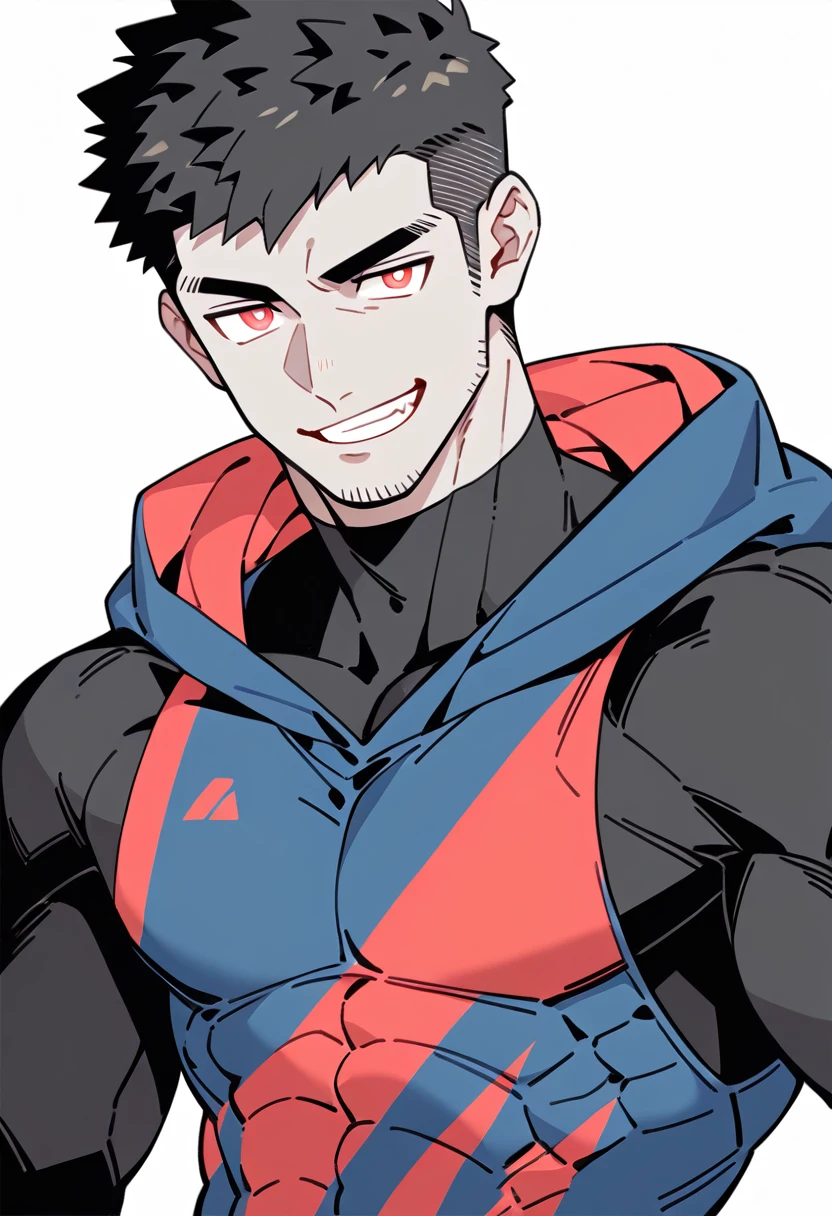 anime characters：Priapus, Black Grey Skin Muscle Sports Student,Manliness, male focus, Sports tight hooded sweatshirt, Under Armour Brand, Wear a high-necked tights underneath, Very tight, full and perky chest muscles, muscular male, muscular, only, Upper body, alone, Red short hair, Thick eyebrows, stubble, Brown-red pupils, White background, simple background, amazing quality, best aesthetics, Ridiculous, crew cut, smirk, bright pupils, grin, negative space, negative space, best quality