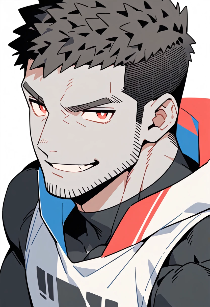 anime characters：Priapus, Black Grey Skin Muscle Sports Student,Manliness, male focus, Sports tight hooded sweatshirt, Under Armour Brand, Wear a high-necked tights underneath, Very tight, full and perky chest muscles, muscular male, muscular, only, Upper body, alone, Red short hair, Thick eyebrows, stubble, Brown-red pupils, White background, simple background, amazing quality, best aesthetics, Ridiculous, crew cut, smirk, bright pupils, grin, negative space, negative space, best quality