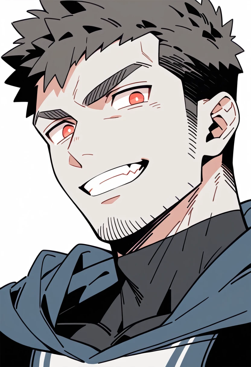 anime characters：Priapus, Black Grey Skin Muscle Sports Student,Manliness, male focus, Sports tight hooded sweatshirt, Under Armour Brand, Wear a high-necked tights underneath, Very tight, full and perky chest muscles, muscular male, muscular, only, Upper body, alone, Red short hair, Thick eyebrows, stubble, Brown-red pupils, White background, simple background, amazing quality, best aesthetics, Ridiculous, crew cut, smirk, bright pupils, grin, negative space, negative space, best quality