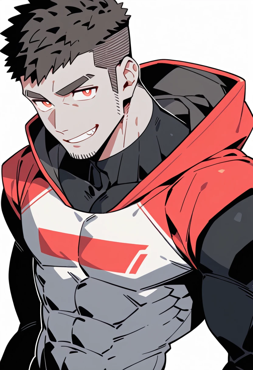 anime characters:Priapus, Black Grey Skin Muscle Sports Student,Manliness, male focus, Sports tight hooded sweatshirt, Under Armour Brand, Wear a high-necked tights underneath, Very tight, full and perky chest muscles, muscular male, muscular, only, Upper body, alone, Red short hair, Thick eyebrows, stubble, Brown-red pupils, White background, simple background, amazing quality, best aesthetics, Ridiculous, crew cut, smirk, bright pupils, grin, negative space, negative space, best quality