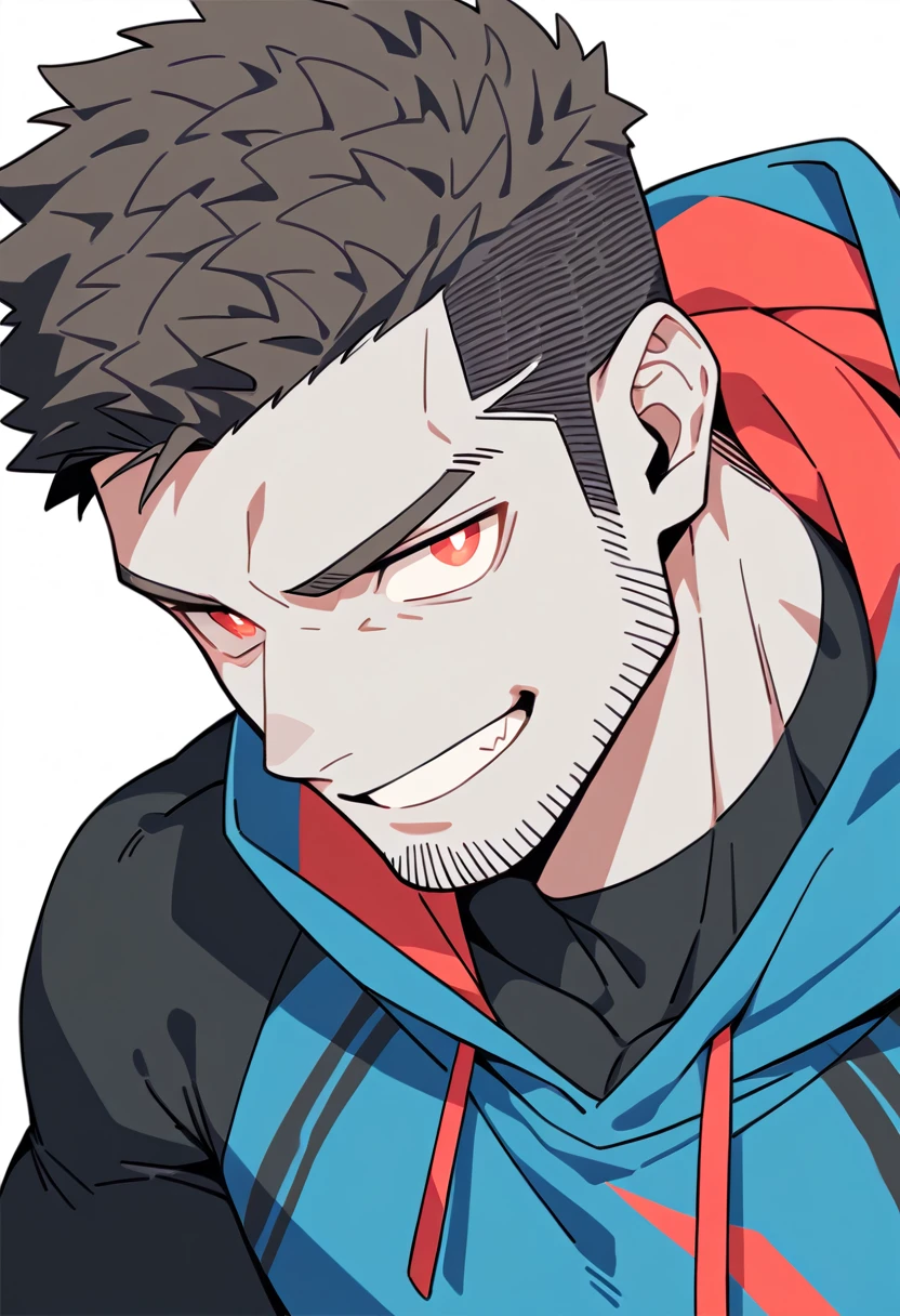 anime characters：Priapus, Black Grey Skin Muscle Sports Student,Manliness, male focus, Sports tight hooded sweatshirt, Under Armour Brand, Wear a high-necked tights underneath, Very tight, full and perky chest muscles, muscular male, muscular, only, Upper body, alone, Red short hair, Thick eyebrows, stubble, Brown-red pupils, White background, simple background, amazing quality, best aesthetics, Ridiculous, crew cut, smirk, bright pupils, grin, negative space, negative space, best quality