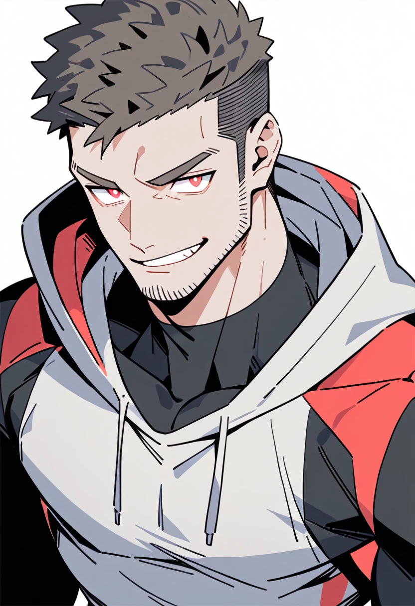 anime characters:Priapus, Black Grey Skin Muscle Sports Student,Manliness, male focus, Sports tight hooded sweatshirt, Under Armour Brand, Wear a high-necked tights underneath, Very tight, full and perky chest muscles, muscular male, muscular, only, Upper body, alone, Red short hair, Thick eyebrows, stubble, Brown-red pupils, White background, simple background, amazing quality, best aesthetics, Ridiculous, crew cut, smirk, bright pupils, grin, negative space, negative space, best quality