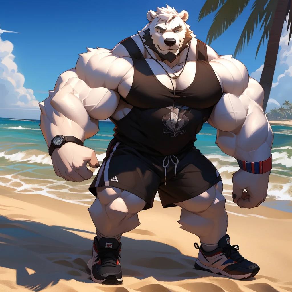 huge muscular polar bear in L.A. beach, big smirk, polar bear, huge white fur, thick arm, huge arm, bearded. white hair and beard, bearded, (muscular, pectoral, wide pectoral, thick arms), beach, palm, realistic, 8k, masterpiece, (wearing black shorts, wristband, watch and a white tank top, sports shoes)