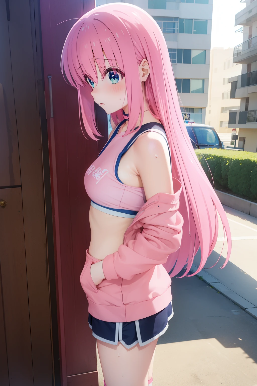Hitori gotou ,1girl , anime , masterpiece , pink color hair , blue eyes , sweat , sport bra , medium breasts , dolphin shorts , long socks , shy , blush , sexy , bodybuilding gym . Standing , ass , nádegas