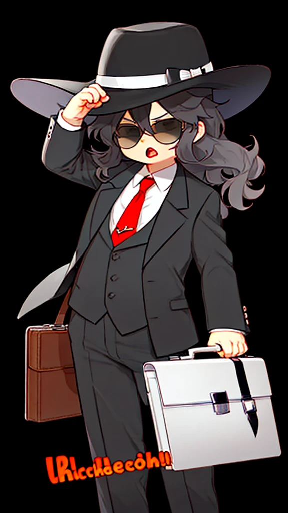 Draw a Cartoon-style character inspired by a mysterious salesman. He must wear a wide-brimmed black hat, sunglasses, have curly and voluminous hair, and a black suit with a red shirt. Include a yellow tie and a gray briefcase in your hands. The character must have a confident and charismatic expression, similar to Michael Jackson