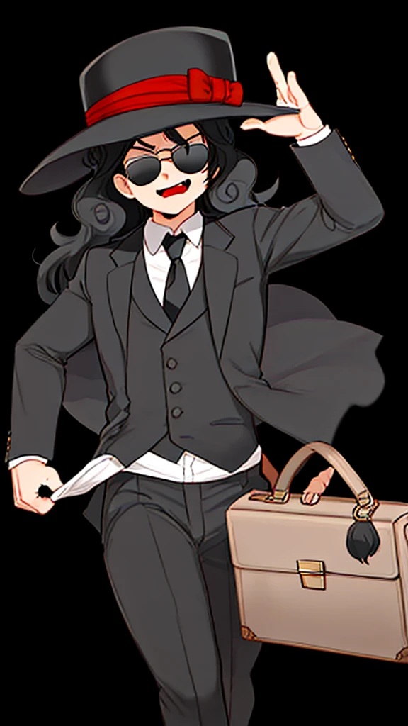 Draw a Cartoon-style character inspired by a mysterious salesman. He must wear a wide-brimmed black hat, sunglasses, have curly and voluminous hair, and a black suit with a red shirt. Include a yellow tie and a gray briefcase in your hands. The character must have a confident and charismatic expression, similar to Michael Jackson