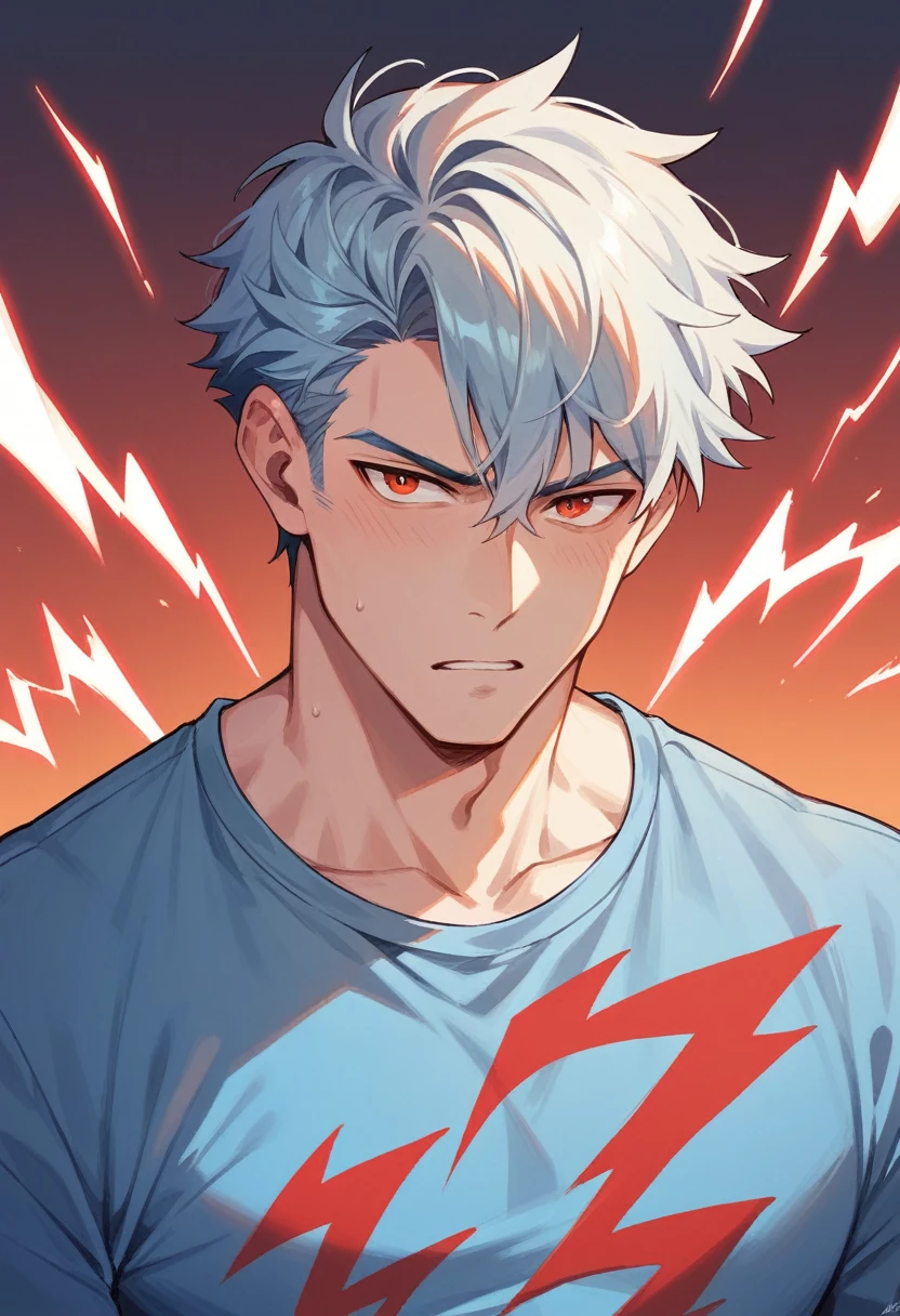アニメ, best qualityer, white man, hair blue, light blue shirt with red lightning print on the shirts
