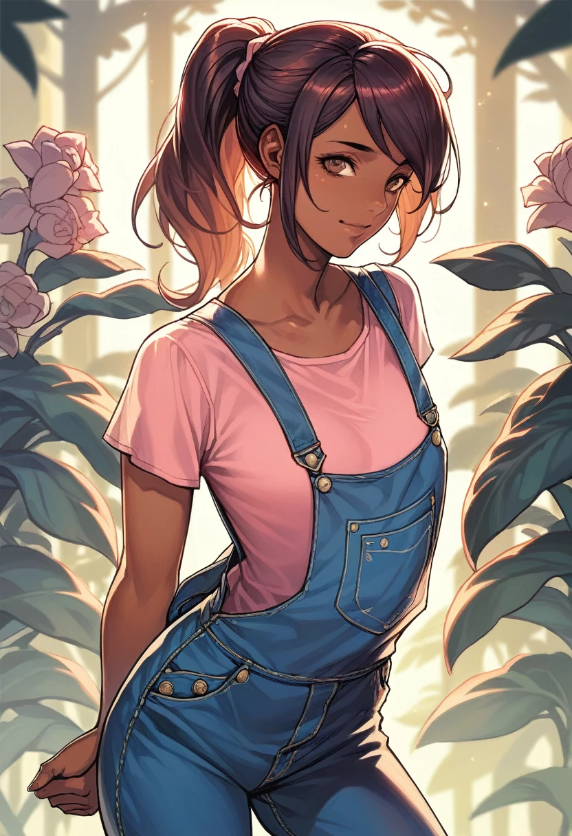 (((Masterpiece))), best quality, cowboy shot, perfect anatomy, realistic face, outdoors, sunny, warm sunlight, backlighting, dramatic lighting, painterly 1girl, ponytail, solo, overalls, three quarter view, flower in hear, arms behind back, light smile, dark skin, dark skinned female, small breasts, pink shirt