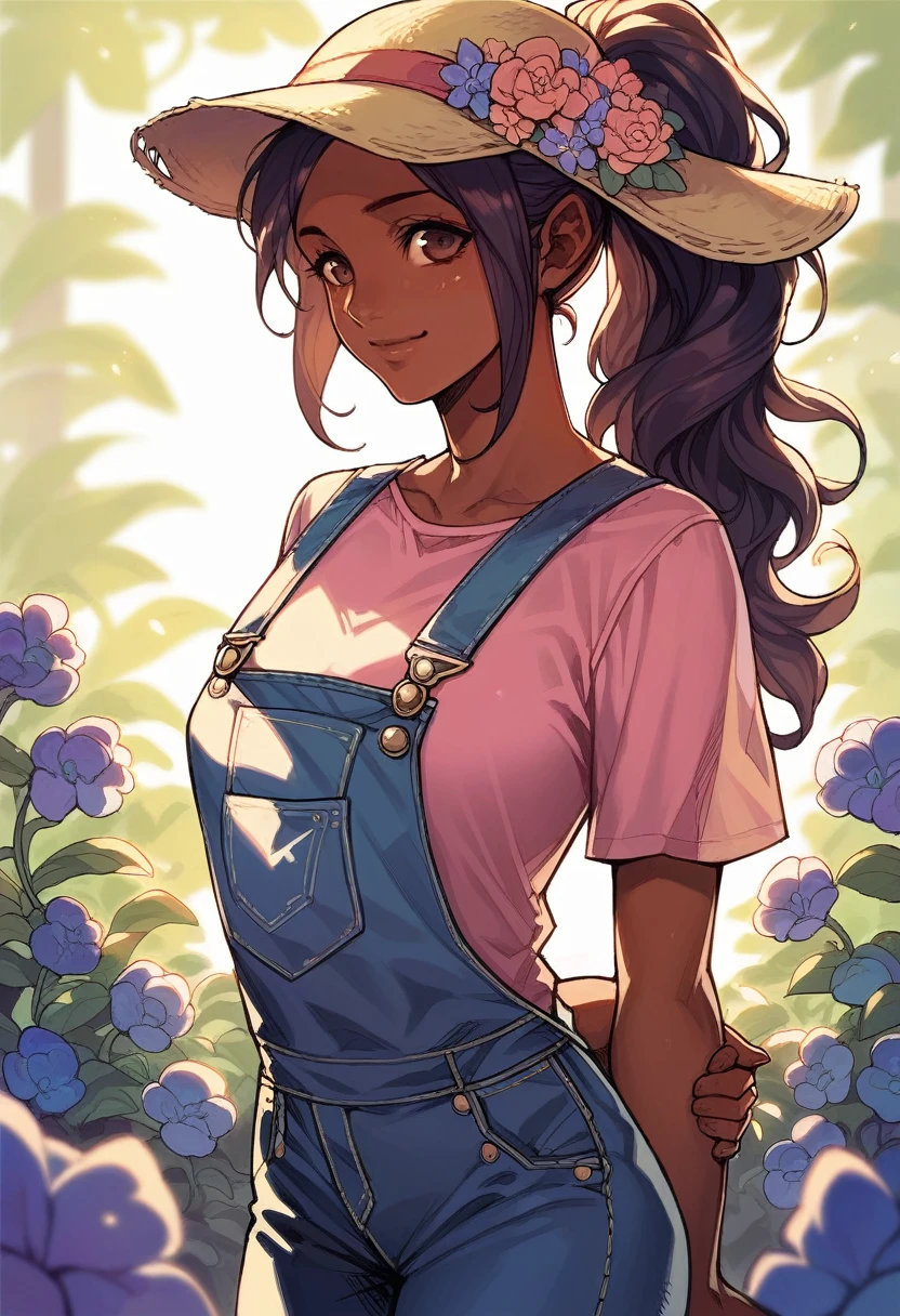 (((Masterpiece))), best quality, cowboy shot, perfect anatomy, realistic face, outdoors, sunny, warm sunlight, backlighting, dramatic lighting, painterly 1girl, ponytail, solo, overalls, three quarter view, flower in hear, arms behind back, light smile, dark skin, dark skinned female, small breasts, pink shirt