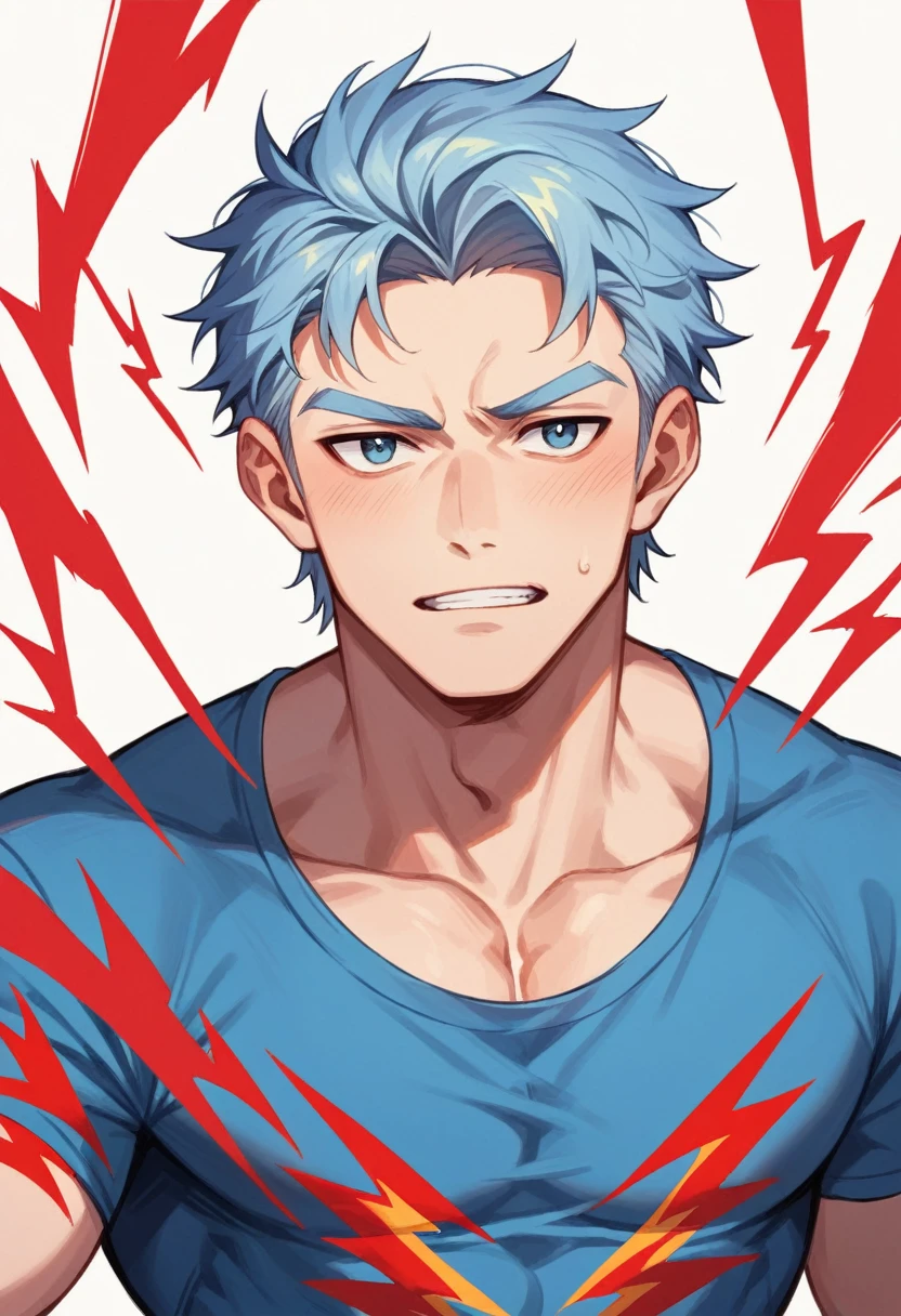アニメ, best qualityer, white man, hair blue, light blue shirt with red lightning print on shame shirts 