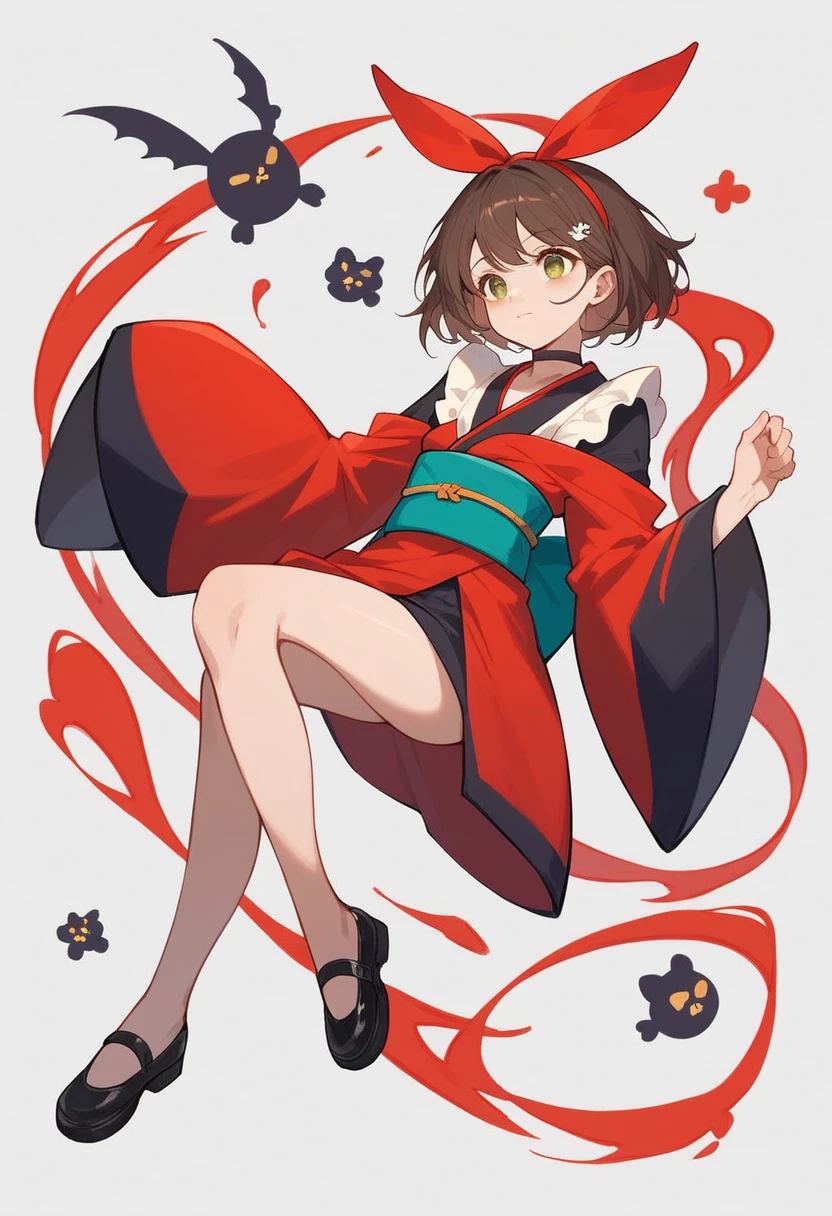 Maid doll is one with short brown hair and reddish brown eyes. She wears an indigo ribbon tied tightly around her hair..colors: Red and black dominate your attire, symbolizing your strength and determination. Short Kimono: A short red kimono with wide sleeves and black edges, which gives you mobility and a striking look. range (obi): A black obi that fits snugly around the waist, highlighting your silhouette. Protections: Metallic decorations on his arms and legs, which serve as both protection and a reminder of your rigorous training and combat skills. Accessories: choker: A black choker that adds an elegant and mysterious touch. ranges e Cordas: ranges vermelhas e pretas que amarram partes de sua roupa e equipamento, giving an air of battle readiness. shoes: booties: booties pretas resistentes, perfect for combat and travel, offering both protection