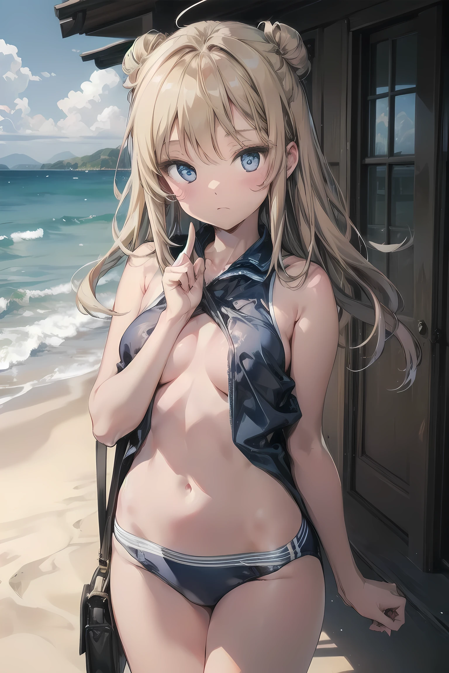 (NSFW:1.1), masterpiece, Highest quality, Ultra-high resolution, Highest Resolution, Very detailed, cowboy shot, very cute, Complete limbs, Shining Eyes, Full Finger, Slender beauty, Blonde Bun Hair, Embarrassed look, Writhing expression, school swimsuit, Glowing Skin, beach, Bubble, Wind