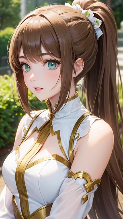 A young woman with light brown hair and a ponytail wearing a fantasy white costume、Green Eyes