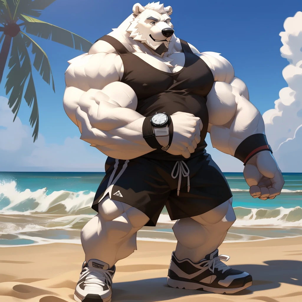 huge muscular polar bear in L.A. beach, big smile, polar bear, huge white fur, thick arm, huge arm, bearded. white hair and beard, bearded, (muscular, pectoral, wide pectoral, thick arms), beach, palm, realistic, 8k, masterpiece, (wearing black shorts, wristband, watch, white tank top and white shoes)