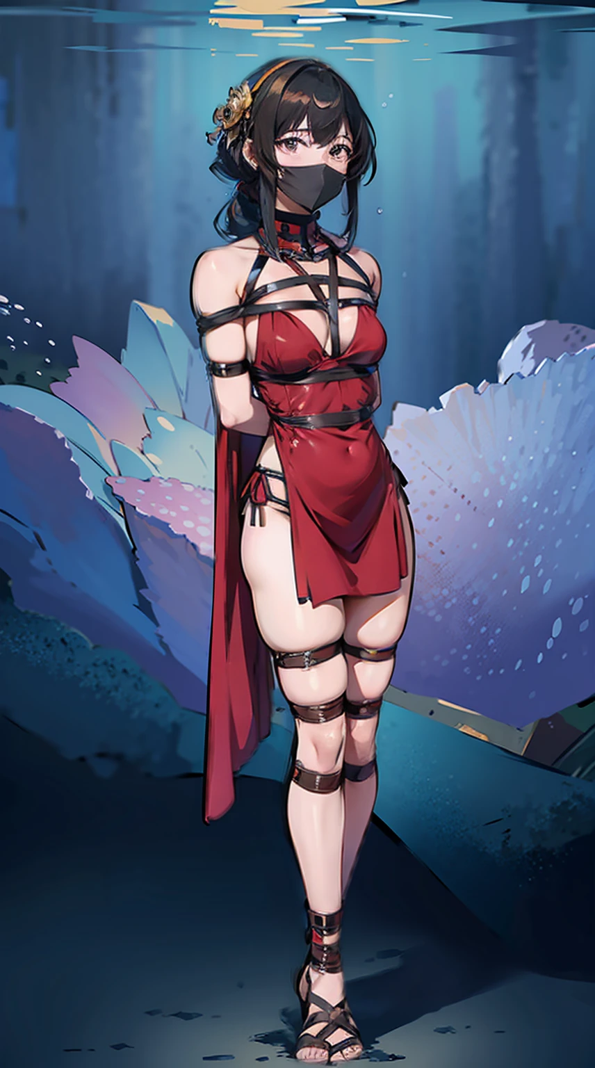((Full body photo, standing, feet on the ground)) ((high detailed, best quality, 4k, masterpiece, hd:1)). Yor Forger (1 girl), (shibari, arms behind back : 1.4) , ( full face otn gag mask), (full body view), ((complete body view photo)), (standing), Scared, (Skinny), (front view), view the viewer, (shibari, bound arms, arms back behind:1.4),(underwater reef),