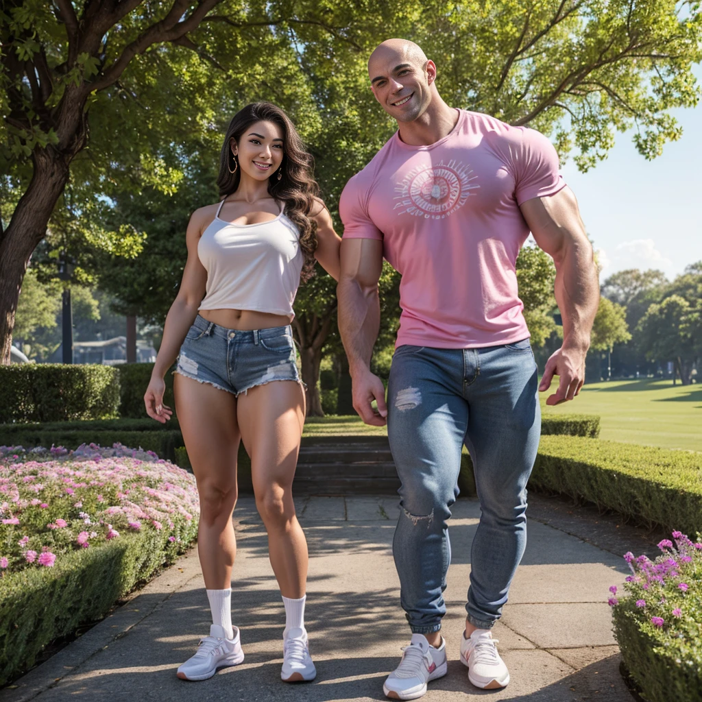 ultra photorealistic image, masterpiece, 8k, high resolution, best quality, ultra-detailed), 1 man and a woman together in the photo, the man is very tall, single, one person, bodybuilder, hot, perfect elongated face, handsome, bald, deep, detailed eyes, bald , shaved head, perfect body, 30 years old, muscular, very tall, pale skin, white skin, very tall (he is about 6 feet 5 inches, very muscular, smiling, sexual, winner, poses as a model, during the day, has light bright and dynamic sun, poses in a park with many trees and flowers, comfortable clothing, casual clothing, shirt, camisole, designer shirt, shorts, blue sneakers, all clothing Perfectly covers the extremely muscular body of the bodybuilder The man near the woman looking at each other, the man is taller than the woman A woman: Next to her is an Asian woman with a wavy face, smiling, long straight hair with curves at the ends, dressed in a pink t-shirt with short jeans, white socks and pink tennis shoes.