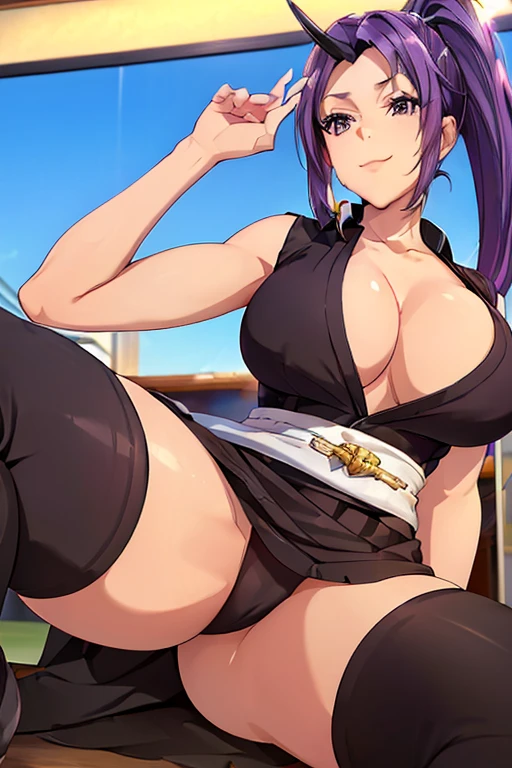 masterpiece、Highest quality、High resolution、4K、8k、(((Spread your legs)))、((Shiny underwear)))、Red dress、Beautiful beauty、Long purple hair、((whole body))、(((Photo taken from below)))、School、classroom、Large Breastini skirt、Panties are black、Japanese、expensive、Long limbs、18-year-old、Zion、Mai Shiranui、A beautiful nose like a model、Please put your hands on your hips、Natural smile、Sexy pose、Hairstyle: Ponytail、One black horn on the forehead、Wearing pants、Hair is purple