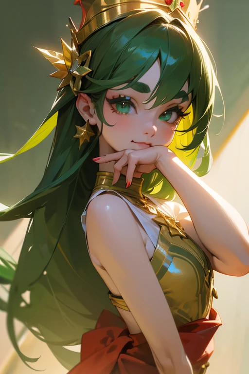 (Highest quality, masterpiece:1.2), High resolution, Very detailed, Realistic:1.37, Fantasy, An illustration, Green Eyes、Queen, Red and green swimsuit、Platinum decoration、beautifully、Eyeshadow Red、Thick eyebrows、Long eyelashes、pupils are black、Her hair is dark green、Gold crown、Kissing Face、Embarrassing、Beloved by the crowd、Hair is green、Braiding、hair ornaments、Laugh gently、Close one eye、Wink、Wink、From the waist up、bikini、