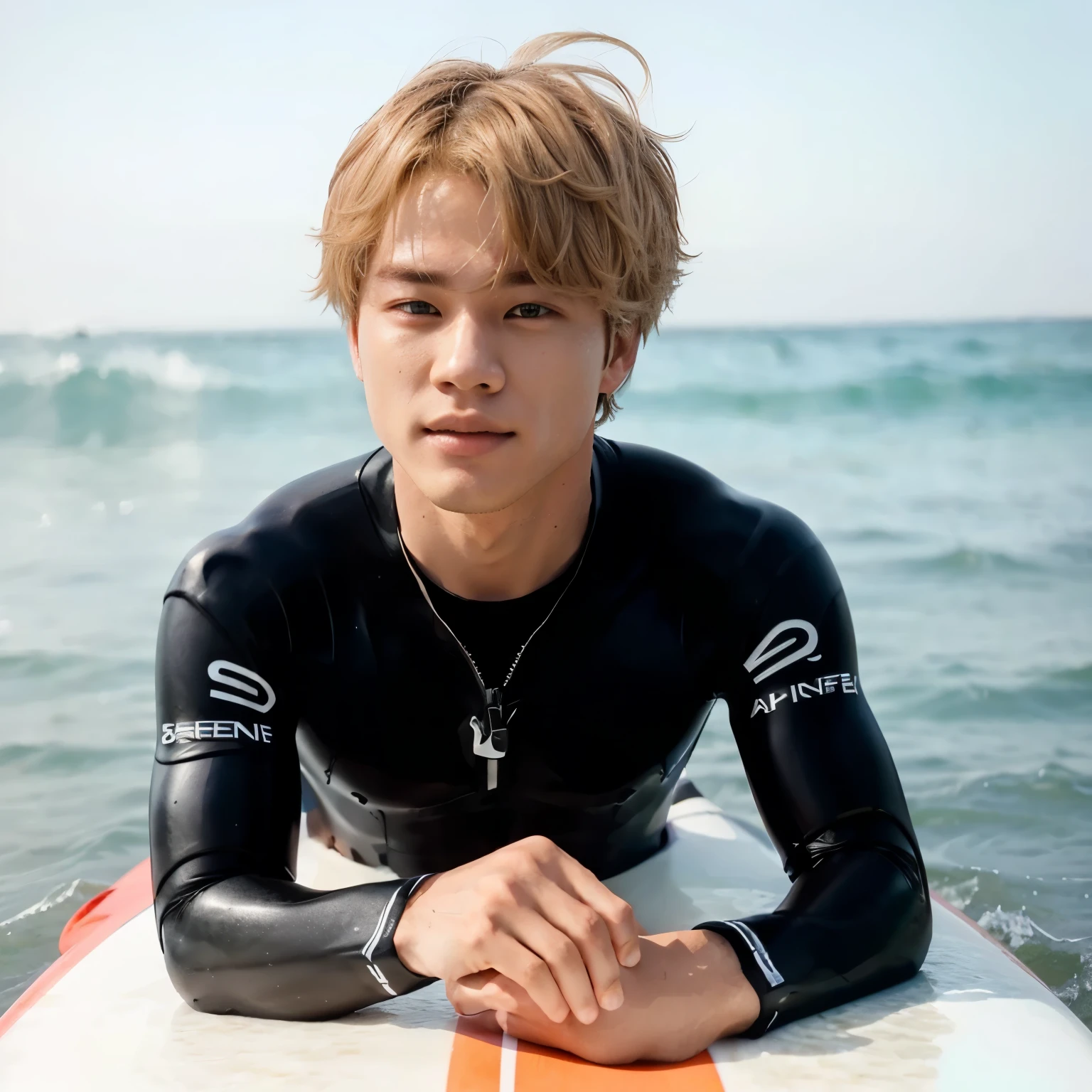 Araffed male surfer in a black wetsuit lying on a surfboard, Jimin, park Jimin, accurate Jimin face, Jimin\Jimin&#39;s full lips\'s grecian nose, , with short hair, shy smile, Kpop idol portrait