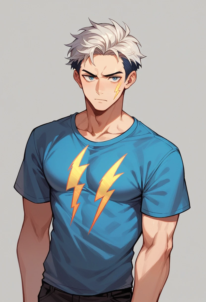 アニメ, best qualityer, white man, hair blue, light blue shirt with a red lightning bolt print on the shirts