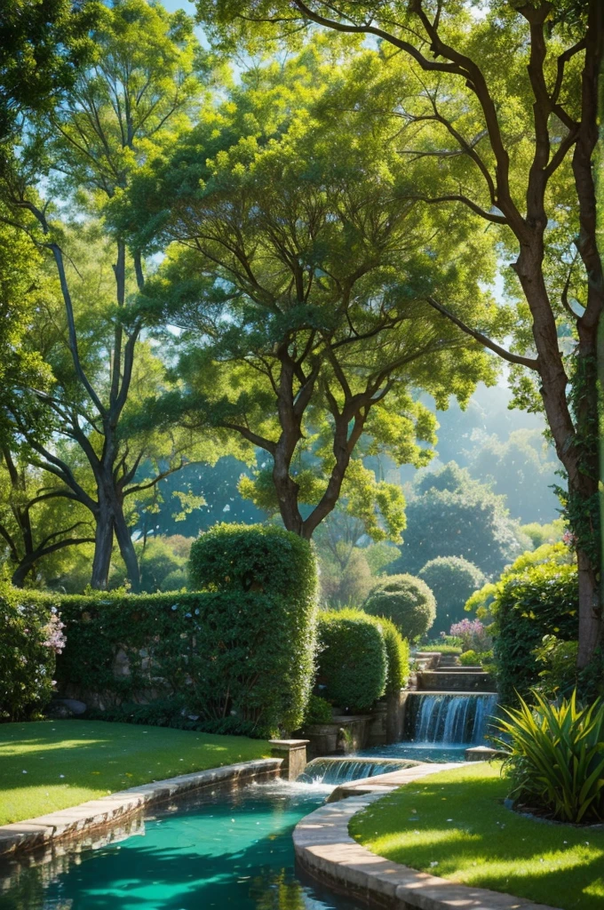 Paradise reveals itself as a lush garden, where golden light bathes every leaf and petal in a heavenly glow. Majestic trees rise towards the sky, its branches intertwine forming a verdant canopy that offers shade and coolness. Flowers of every imaginable color and scent bloom in profusion, perfuming the air with its intoxicating fragrance.
a crystal clear river meanders through the garden, its clear waters reflecting the blue of the sky and the green of the vegetation. Birds with colorful plumage fly freely, their melodious songs filling the air with a symphony of joy and harmony.
In the center of paradise, the tree of life stands, its golden fruits promising immortality and eternal happiness. Around her, angels of radiant beauty stroll, their faces serene and their eyes shining with love and compassion.
The atmosphere of paradise is one of peace, love and happiness. There is no pain, sofrimento ou tristeza, only the fullness of happiness and the certainty of the divine presence. It's a place where dreams come true, where the soul finds rest and life is renewed in its fullness.