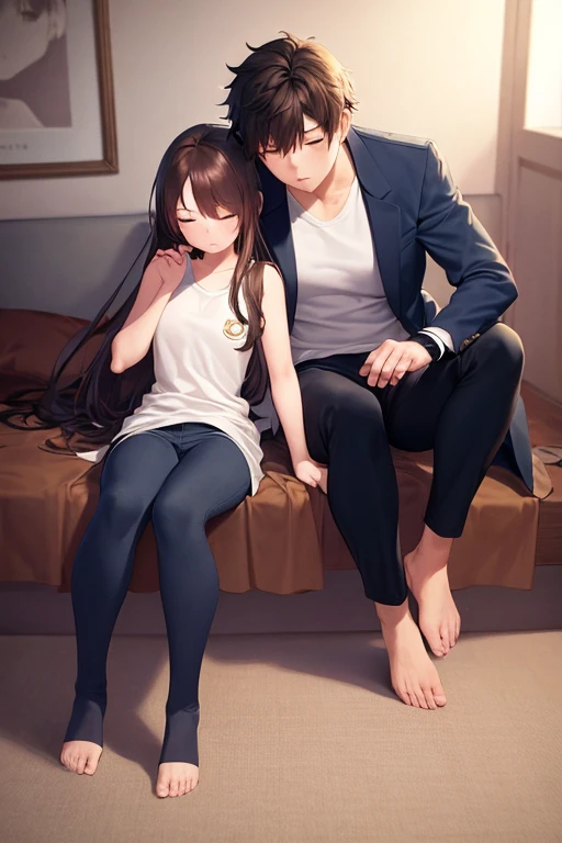 ((best quality)), ((masterpiece)), (detailed), a couple, a boy and a girl, 1 boy, full body, 19 years old, brown hair with white tips, somewhat long hair, bangs, green eyes, sleeping, tall and thin, thin, long beige trench coat, open trench coat, black fingerless gloves, white wristbands, white t-shirt with blue I-shaped emblem, letter I, black pants, 1 girl, full body, 19 years old, young adult, somewhat short, purple eyes, brown hair, somewhat wavy hair, long hair, lock of hair on forehead, asleep, blushing, scientist's coat, blue shirt, black pants, sitting on the floor, sleeping on the boy's shoulder, romantic moment, bedroom background, anime
