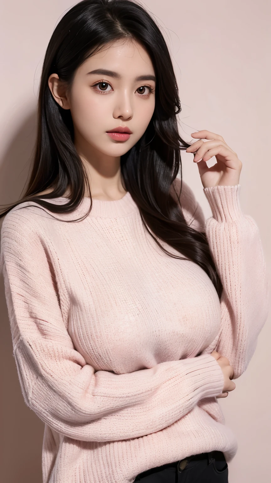 1girl,huge breast, black hair,pink sweater,open sweater, detail, high quality