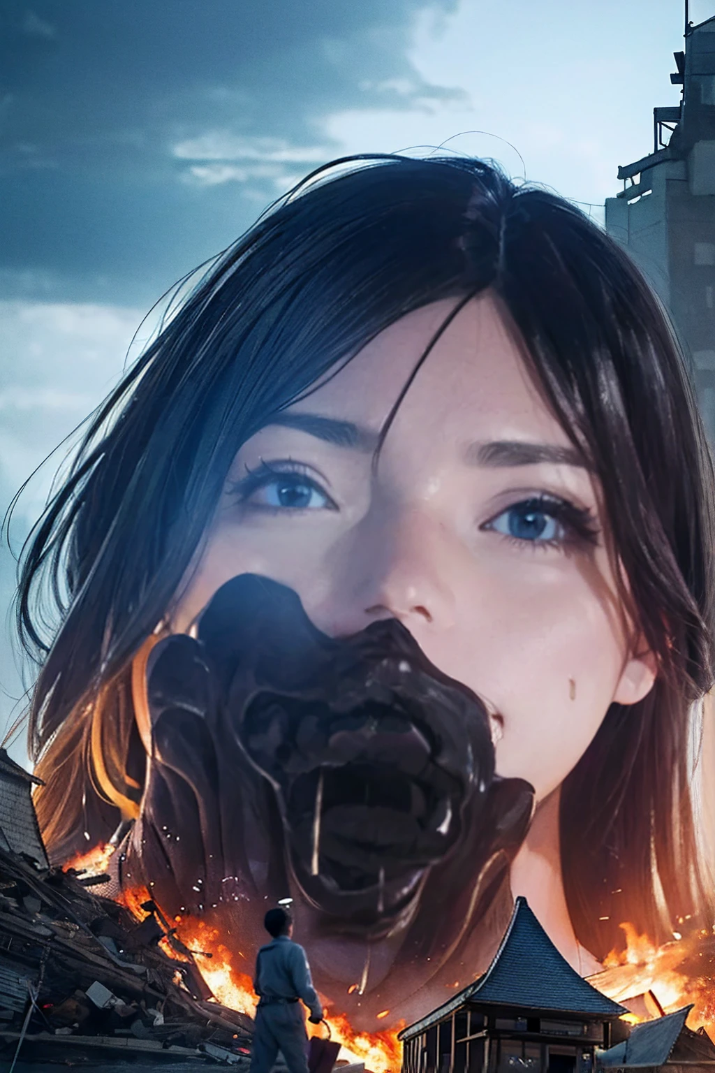 Horrorな雰囲気、Towering Giant、Woman who brings disaster、A powerful and impressive image、Accurate female body、Human body、giantess、A woman bigger than a building、The growing human body、Giantess、The Devil's Outfit、Giant Devil、Villainess、Bad guy、Messenger from Hell、walk、masterpiece、Detailed illustrations、precise illustration、High quality、Japanese、smile、smile、Cute woman、Long Hair、Open your mouth、Low - Angle、Small Town、A small city in ruins、都市のLow - Angleの遠景、Flying debriasterpiece、Anatomically correct、sand smoke、Smoke is rising、Building burns、Gloomy Weather、night、Horror、Catastrophe、thunder、storm、rain、person looking up from below々
