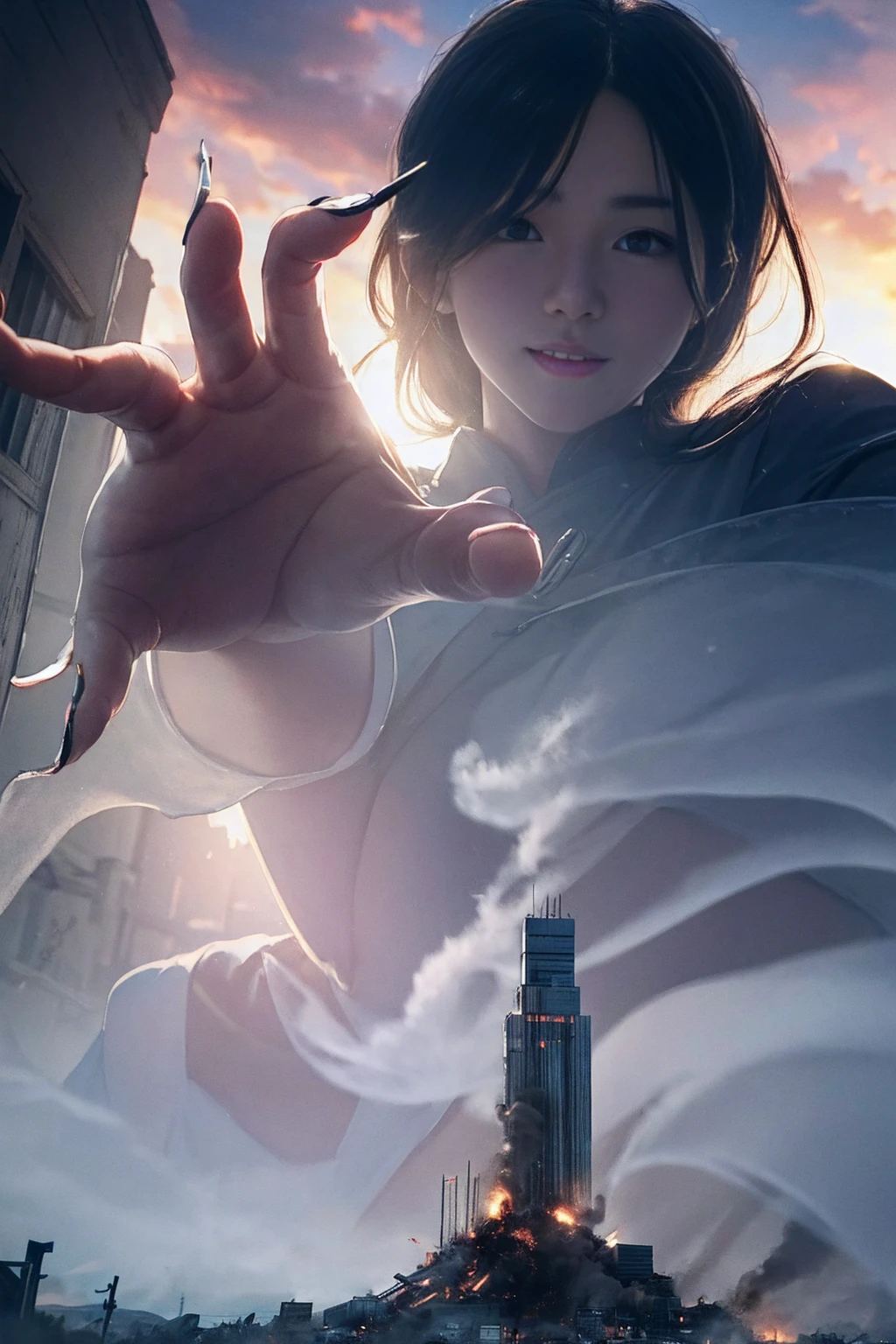 Horrorな雰囲気、Towering Giant、Woman who brings disaster、A powerful and impressive image、Accurate female body、Human body、giantess、A woman bigger than a building、The growing human body、Giantess、The Devil's Outfit、Giant Devil、Villainess、Bad guy、Messenger from Hell、walk、masterpiece、Detailed illustrations、precise illustration、High quality、Japanese、smile、smile、Cute woman、Long Hair、Open your mouth、Low - Angle、Small Town、A small city in ruins、都市のLow - Angleの遠景、Flying debriasterpiece、Anatomically correct、sand smoke、Smoke is rising、Building burns、Gloomy Weather、night、Horror、Catastrophe、thunder、storm、rain、person looking up from below々