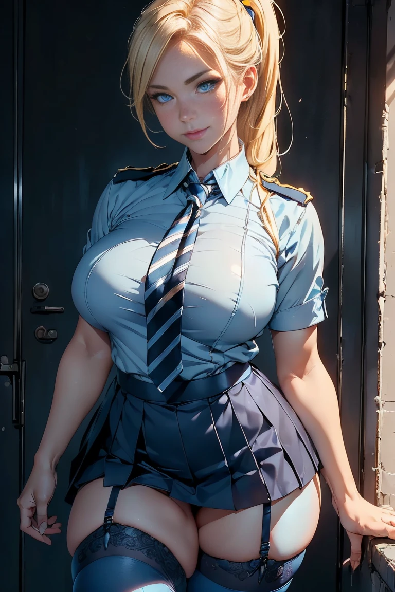 (((perfect anatomy, super detailed skin))), Policewoman holding an m16 automatic rifle , shiny skin, big breasts:0.5, looking away, seeking out, beautiful face, beautiful detailed eyes,, by rubio, con beautiful detailed eyes, ((dark blue eyes)), lonely images, beautiful body, beautiful thighs, nice legs, baby face, mole under the eye, ((policewoman uniform, light blue short sleeve shirt, Very curvy navy blue tie, blonde low ponytail, yellow eyes, full lips, seductive, smiling, maestro, striped jacket, Tight skirt, stockings with garter belt, thick thighs, curvy physique
