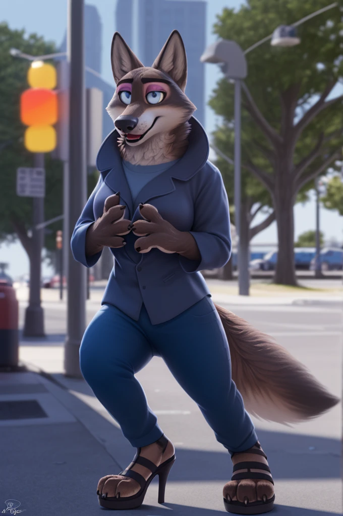 Emilia (Zootopia), wolf, Gray Fur, (brown body:1.3), Blue eyes, Zootopia, makeup,lipstick, dressed,blue blue jacket,shirt,blue pants,platform heel sandals,  female breast,canine, Wolf, Detailed fur, Female, antro, paw pads, finger claws, At the viewer, 5 fingers, paws, 5 fingers,goes to a women&#39;s shoe store and chooses heels,mood,open mouth, flash cameras, loving husband,two children,close to the camera,holding high heel sandals, 
BREAK from nextel, for dating, by xenoforge, (difficult, high detail, film photography, soft focus, RAW, fluororealism, realistic, photorealistic, digital style, Subsurface scattering,in a women&#39;s shoe store, 
masterpiece, Best quality, ultra realistic, 8 k)