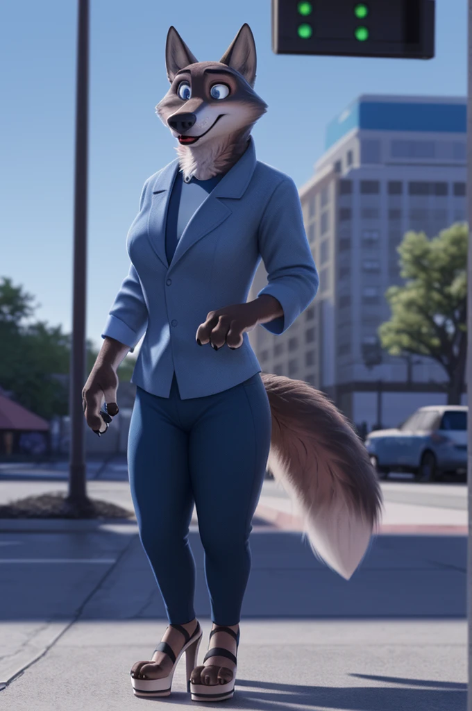Emilia (Zootopia), wolf, Gray Fur, (brown body:1.3), Blue eyes, Zootopia, makeup,lipstick, dressed,blue blue jacket,shirt,blue pants,platform heel sandals, female breast,canine, Wolf, Detailed fur, Female, antro, paw pads, finger claws, At the viewer, 5 fingers, paws, 5 fingers,goes to a women's shoe store and chooses heels,mood,open mouth, flash cameras, loving husband,two children,close to the camera,holding high heel sandals,
BREAK from nextel, for dating, by xenoforge, (difficult, high detail, film photography, soft focus, RAW, fluororealism, realistic, photorealistic, digital style, Subsurface scattering,in a women's shoe store,
masterpiece, Best quality, ultra realistic, 8 k)