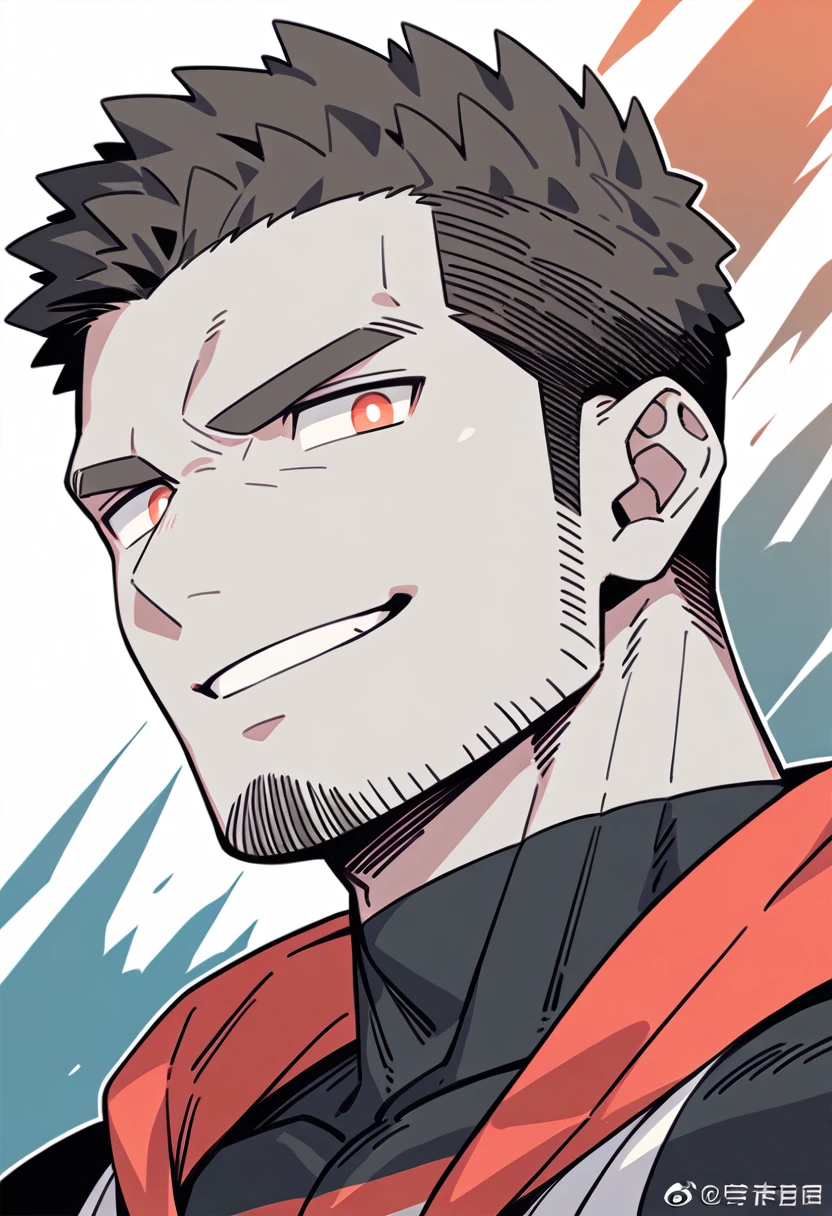 anime characters:Priapus, Black Grey Skin Muscle Sports Student, Manliness, male focus, Sports tight hooded sweatshirt, Under Armour Brand, Wear a high-necked tights underneath, Very tight, Huge pectoral muscles, muscular male, muscular, Perfect muscular waist, only, Upper body, alone, Red short hair, Thick eyebrows, stubble, Brown-red pupils, White background, simple background, amazing quality, best aesthetics, Ridiculous, crew cut, smirk, bright pupils, grin, negative space, negative space, best quality
