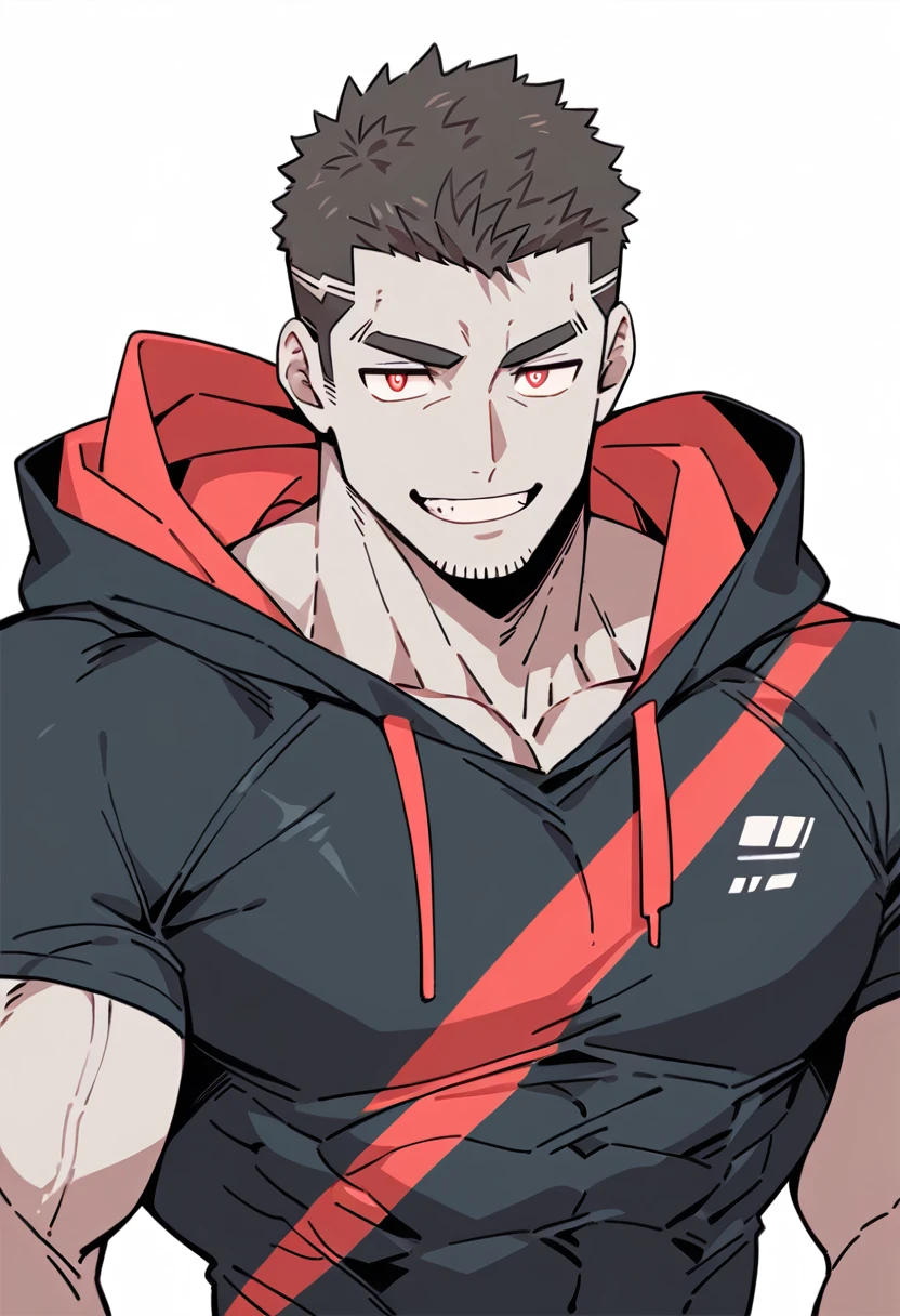 anime characters:Priapus, Black Grey Skin Muscle Sports Student, Manliness, male focus, Sports tight hooded sweatshirt, Under Armour Brand, Wear a high-necked tights underneath, Very tight, Huge pectoral muscles, muscular male, muscular, Perfect muscular waist, only, Upper body, alone, Red short hair, Thick eyebrows, stubble, Brown-red pupils, White background, simple background, amazing quality, best aesthetics, Ridiculous, crew cut, smirk, bright pupils, grin, negative space, negative space, best quality