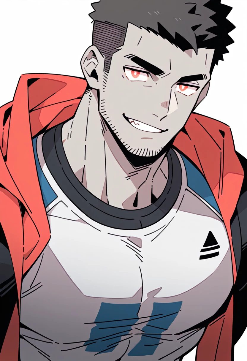 anime characters：Priapus, Black Grey Skin Muscle Sports Student, Manliness, male focus, Sports tight hooded sweatshirt, Under Armour Brand, Wear a high-necked tights underneath, Very tight, Huge pectoral muscles, muscular male, muscular, Perfect muscular waist, only, Upper body, alone, Red short hair, Thick eyebrows, stubble, Brown-red pupils, White background, simple background, amazing quality, best aesthetics, Ridiculous, crew cut, smirk, bright pupils, grin, negative space, negative space, best quality