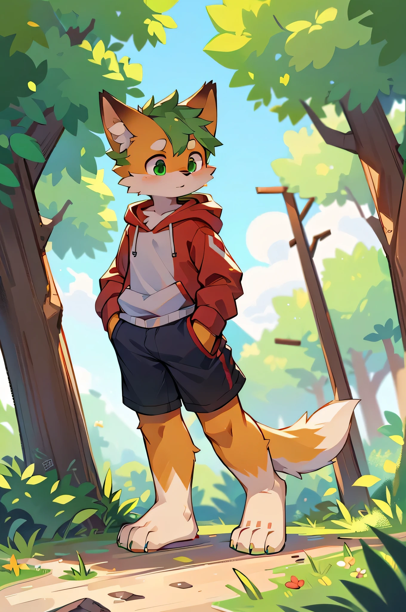 Furry,Fox,boy,8k resolution,最High resolution,                   High resolution,Wearing a hoodie,Green Eyes,summer,Stand on your feet,Two legs,Five fingers on a hand,Five toes,tall,：tall stature,fit,medium,Standard