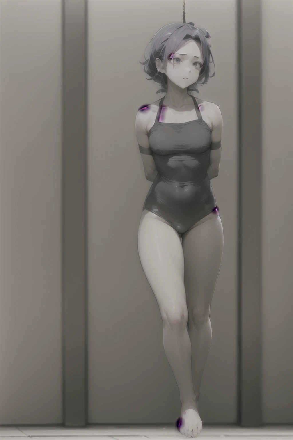 ((Full body photo, standing, feet on the ground)) masterpiece, best quality, arms behind back, bound, front view, rope, full body, hanging, 1girl, rachelroth, purple hair, short hair, purple eyes, (grey skin), (colored skin), forehead jewel, leotard,  (feet off the ground:1.3), solo, simple background  