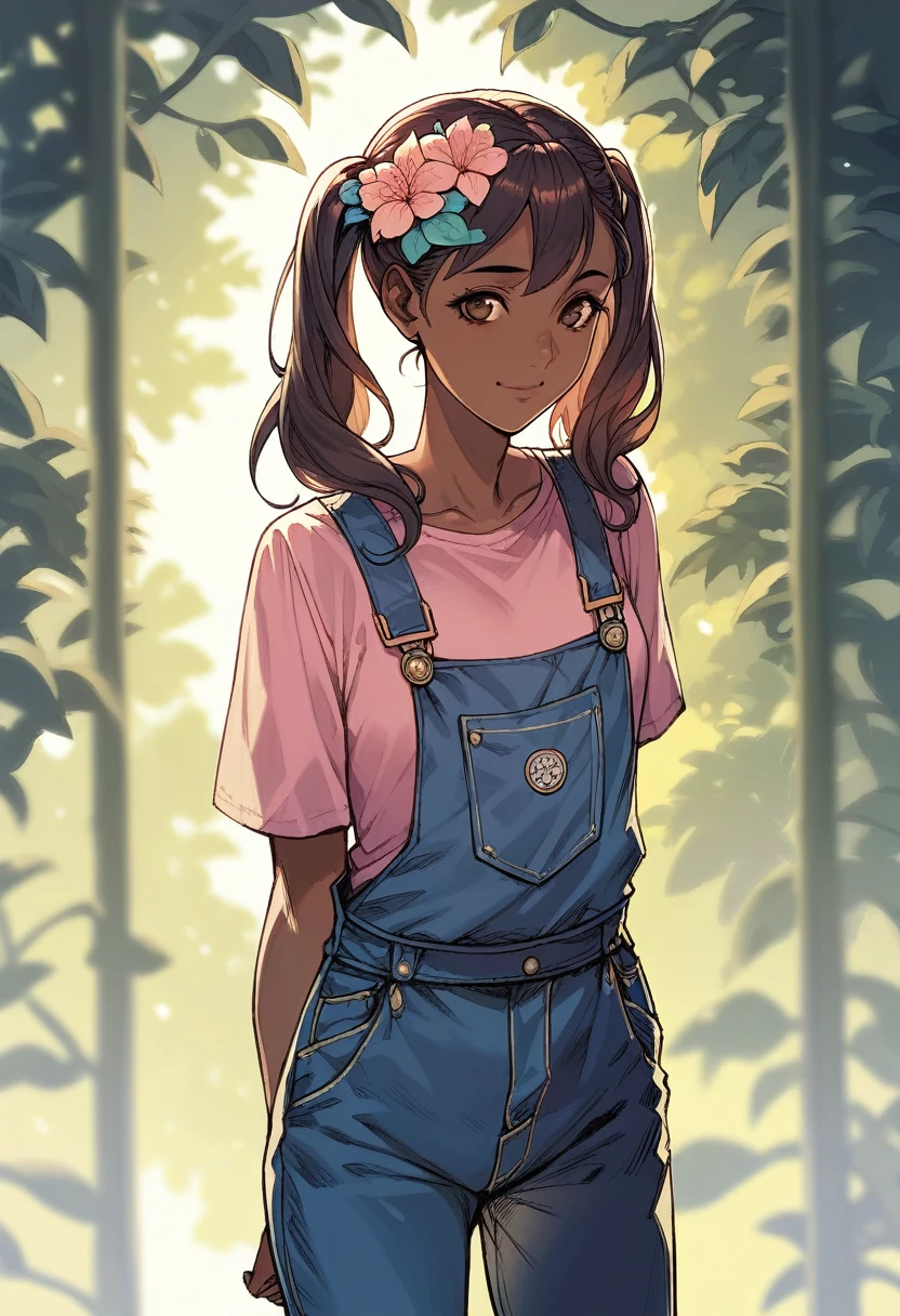 (((Masterpiece))), best quality, cowboy shot, perfect anatomy, realistic face, outdoors, sunny, warm sunlight, backlighting, dramatic lighting, painterly 1girl, twintails, solo, overalls, three quarter view, flower on head, arms behind back, light smile, dark skin, dark skinned female, small breasts, pink shirt