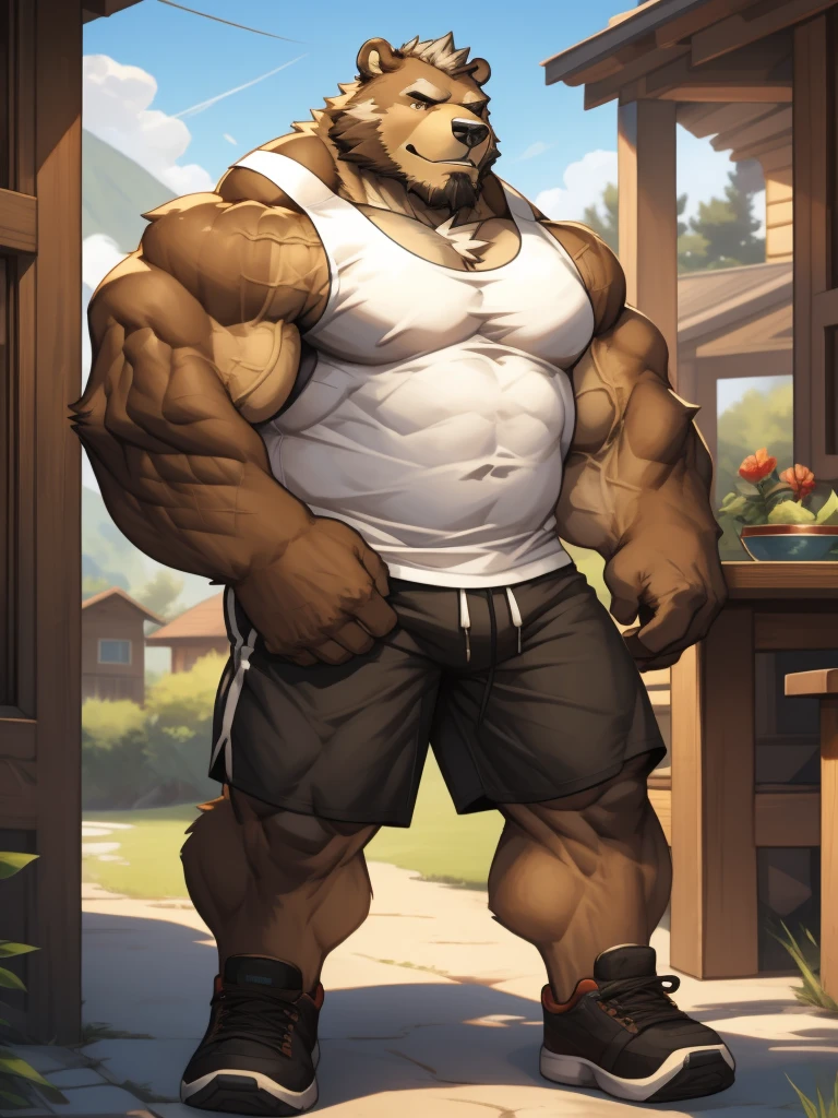 a potrait, full body, semirelistic:1.2, masterpiece, detailed face, muscular old grizzly bear in front house, old bear, thick arm, huge arm, huge brown fur, bearded. Grey hair and beard, bearded grey, muscular, huge pectoral, wide pectoral, realistic, 8k, masterpiece, (wearing shorts and white tank top:1.3, white shoes), smile